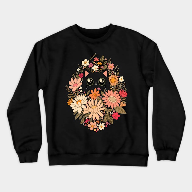 Cute black cat with Boho wildflowers Crewneck Sweatshirt by Yarafantasyart